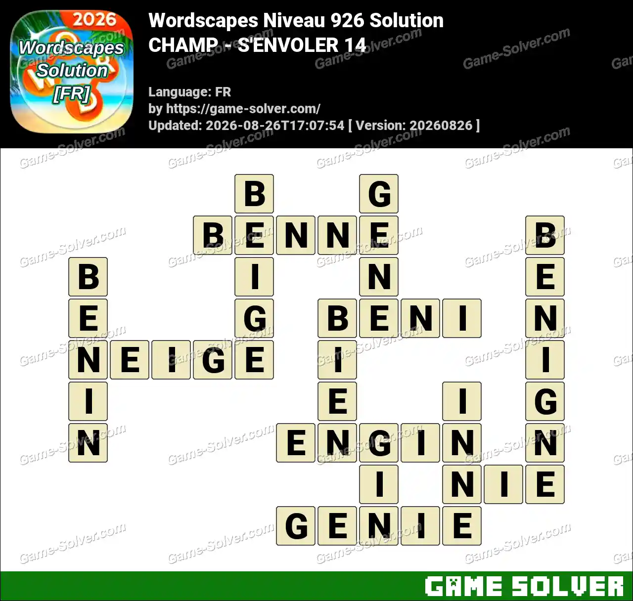 Wordscapes Français Niveau 926 Solution — CHAMP – S’ENVOLER 14